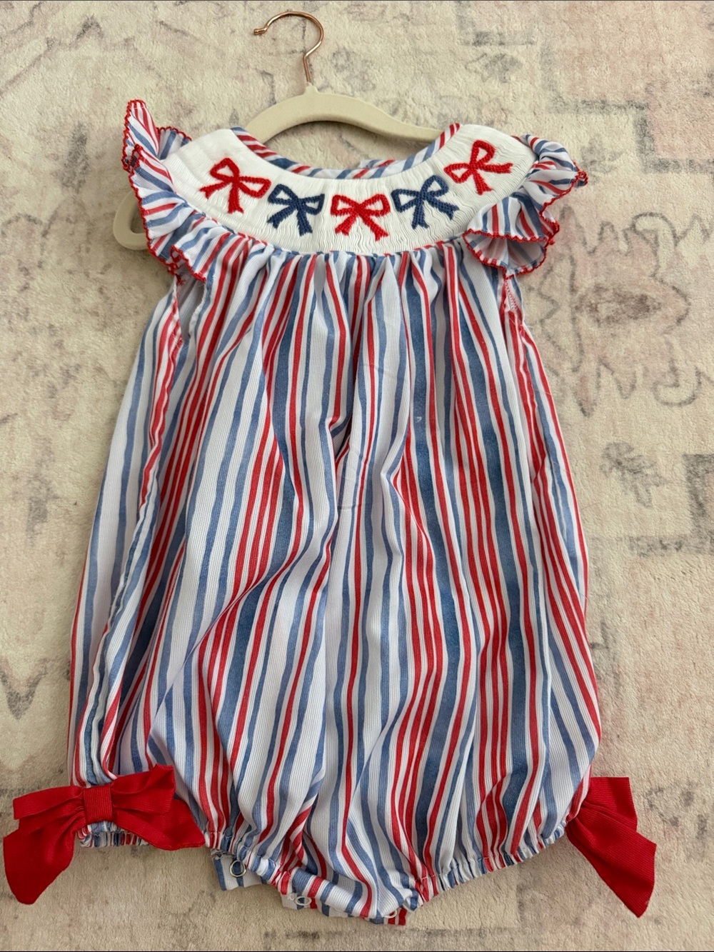 Smocked Red & Blue Striped Baby One-Piece Romper